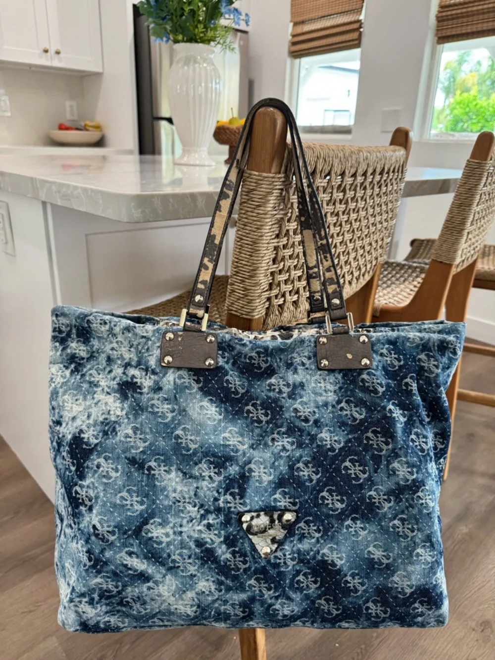 Vintage GUESS Blue Denim Logo Print Large Monogram Y2K Tote Shoulder Bag-READ